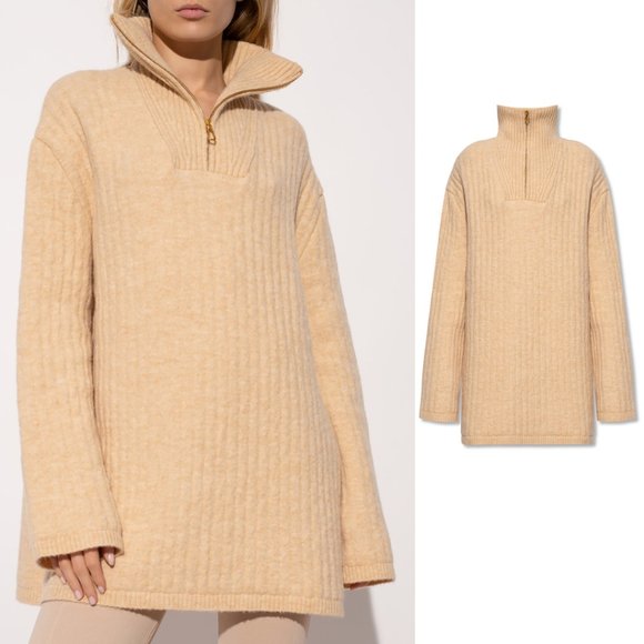 Nanushka Oversized Ribbed Knit Pullover Sweater Beige Stand Up Collar Sz Small - Picture 1 of 12